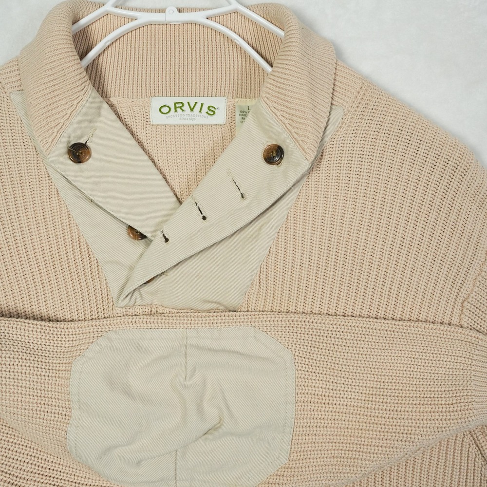 Orvis Mens Large Beige Military Mechanic Button Shawl Collar Sweater Elbow Patch